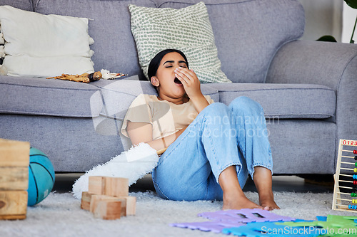 Image of Cleaner woman tired from house work, yawning and relax on floor with cleaning, housekeeping or hospitality. Burnout, fatigue and exhausted housekeeper, dust and disinfection with overworked maid