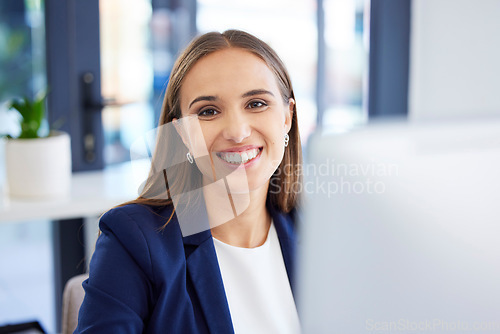 Image of Woman, office portrait and smile at computer for success, fintech and motivation in finance business. Happy financial advisor, pc and focus for happiness, excited face and planning for professional