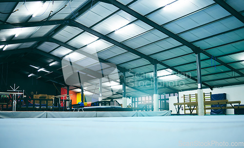 Image of Interior hall of empty gymnastics arena, building and floor for training, professional performance or class. Backgrounds, studio space and room for olympic sports, workout or indoor athletic practice