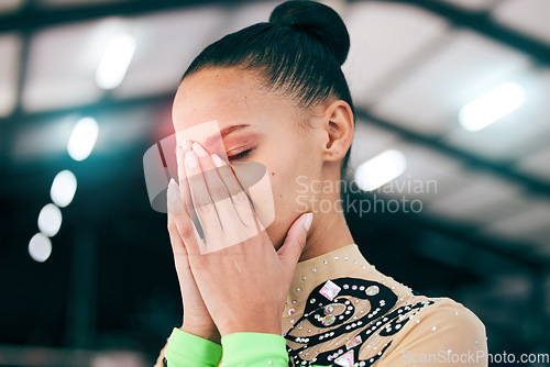 Image of Woman, red or headache glow in fitness, workout or training for gymnastics and pain, burnout or anatomy crisis. Gymnast, hands or athlete stress injury with creative abstract, broken nose or accident