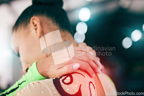 Image of Neck pain, gymnast and woman fitness athlete with sports injury after performance in a gym. Back, gymnastics and training of a young female dancer body, muscle and joint problem in a health club