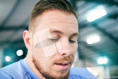 Image of Face, gym and a man thinking about fitness, exercise and training for a healthy lifestyle and mind. Sports person think about workout goals, progress and growth for motivation, self care and to relax