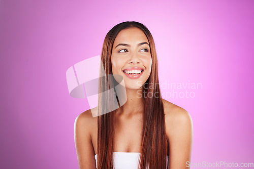 Image of Hair care, woman and beauty in studio with smile, healthy skincare or mockup. Happy model, hairstyle and natural cosmetics of aesthetic salon, color dye and growth shampoo for shine, face or textures