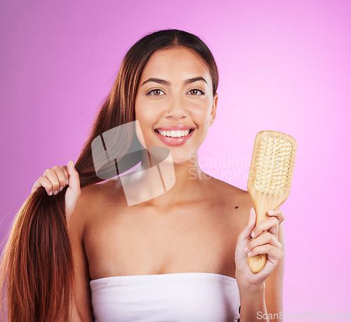 Image of Hair, brush and portrait of woman on studio background for beauty cosmetics, skincare and color. Happy model comb hairstyle, growth and aesthetics for healthy shine, salon shampoo and facial smile