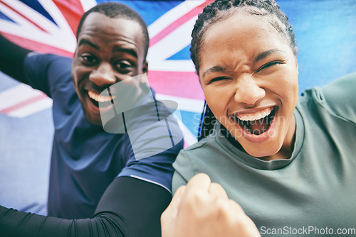 Image of Fitness, celebration and British athlete or people winning in the UK excited, confident and happy for a competition. Champion, man and woman with motivation and energy as a team, teamwork and united