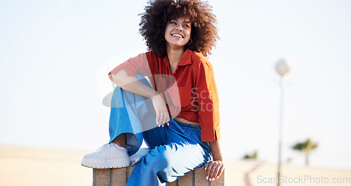 Image of Fashion, travel and happy with black woman in city for freedom, youth and urban lifestyle. Relax, motivation and happiness with face of girl laughing in outdoor for creative, summer and celebration