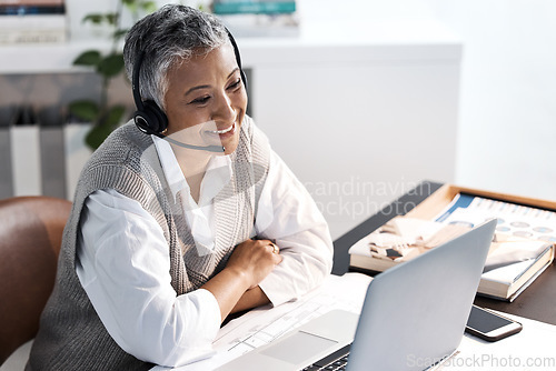 Image of Call center, laptop and consulting with business woman talking for telemarketing, customer service or contact us. Trust, sales and online meeting with senior employee for virtual, planning or digital