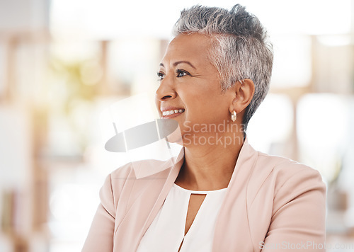Image of Senior business woman, face and smile thinking or wondering with vision for corporate success at office. Happy elderly female CEO smiling in wonder or contemplating company idea or goals at workplace