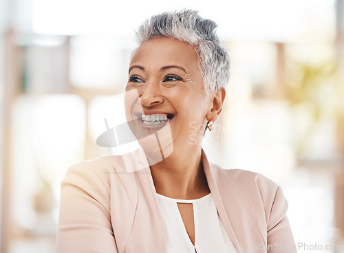 Image of Business, old woman and manager with smile, thinking and ideas for new project, startup and opportunity. Corporate, female leader and entrepreneur with happiness, confidence and growth with mockup