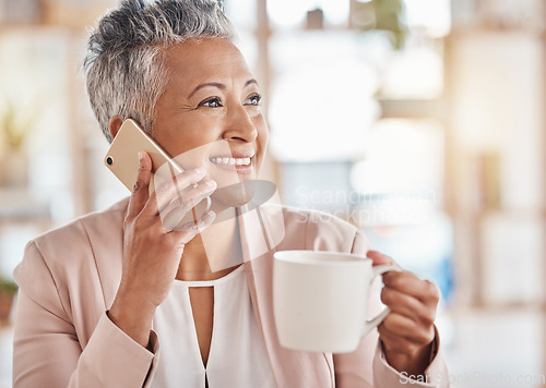 Image of Senior woman, phone call and coffee with smile for communication, conversation or discussion at the office. Elderly female on smartphone smiling with cup talking about business idea or networking