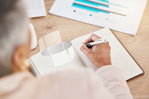 Image of Senior woman writing notes, data and ideas for marketing campaign, copywriter with info for motivation. Inspiration, idea and thinking with article notes, copywriting with graph and notebook