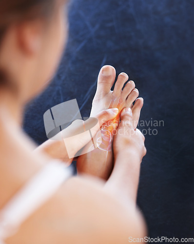 Image of Foot pain, dance injury and ballet feet strain from fitness, workout and exercise in a gym. Massage, pilates and athlete accident from stretching or dancer training massaging inflammation with hands