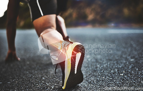 Image of Start, race and legs of a man running on a street for fitness, cardio and exercise in Brazil. Sports, training and athlete runner ready for a competition, marathon or sport workout on the road