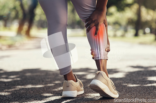 Image of Woman, fitness and pain or injury on legs while running on outdoor road for exercise, workout and training. Sport person with red anatomy calf overlay for and massage for joint, accident or arthritis