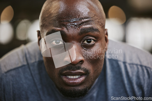 Image of Face, portrait and sweating black man tired after exercise, workout or training resting after exercising in gym. Sports break, wellness and male athlete from Nigeria with fatigue, exhausted and sweat