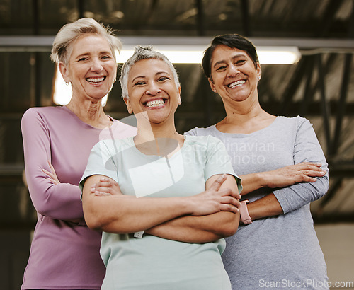 Image of Senior woman, exercise group and portrait with arms crossed, smile and support for wellness goal. Elderly women, team building and happiness at gym for friends, solidarity or diversity for motivation