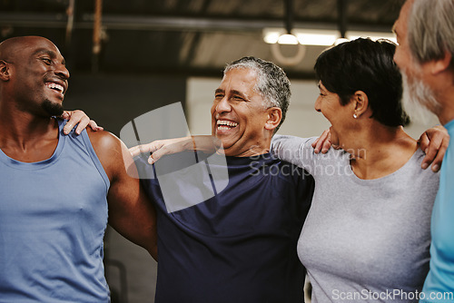 Image of Senior people, fitness group and support for training, workout and exercise community or club in gym. Laugh, black people and elderly diversity friends with sports wellness hug together for teamwork