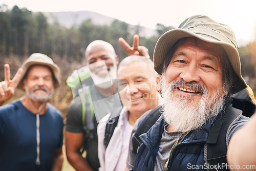 Image of Hiking, selfie and friends portrait with peace sign while taking pictures for happy memory in nature. V gesture, face exercise and group of senior men take photo for social media after trekking hike.