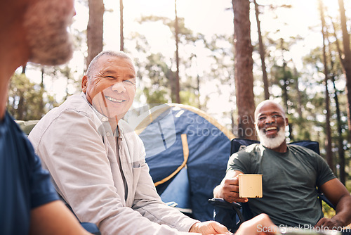 Image of Camping, trekking and senior men in the mountains for retirement travel and bonding in Switzerland. Relax, laughing and elderly friends speaking while on a camp for an adventure and holiday in nature