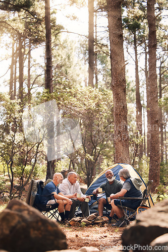 Image of Man, people and camping in nature for travel, adventure or summer vacation together with chairs and tent in forest. Group of men relaxing and talking enjoying camp out by tall green trees in outdoors