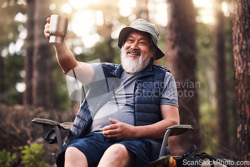 Image of Camping, old man and in forest with coffee, smile and fresh air with break, vacation and relax. Camper, mature male and elderly guy with mug, tea and in woods for hobby, happiness and active citizen