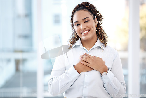 Image of Black woman, business and happy portrait with hands on chest for care, kindness and love for charity. Face of person with smile and emoji for heart, thank you and gratitude or trust and hope mockup