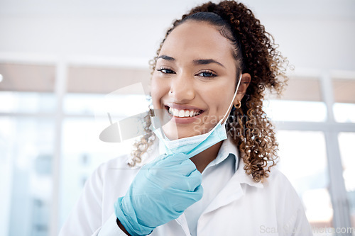 Image of Healthcare, mask and portrait of dentist with smile for medical care, dental consultation and wellness. Safety, dentistry and face of woman orthodontist for teeth whitening, oral surgery and hygiene