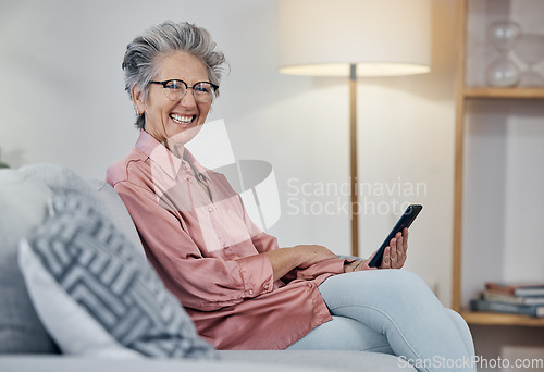 Image of Old woman in portrait with smartphone, communication and relax at home, social media and happy with technology. Retirement, internet and chat online with wifi, happiness with ebook or news on website