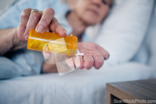 Image of Insomnia pills, depression and senior woman in bed sleeping for pharmaceutical, psychology or mental health. Depressed, addiction and medicine of sick elderly person, drugs help or risk in bedroom