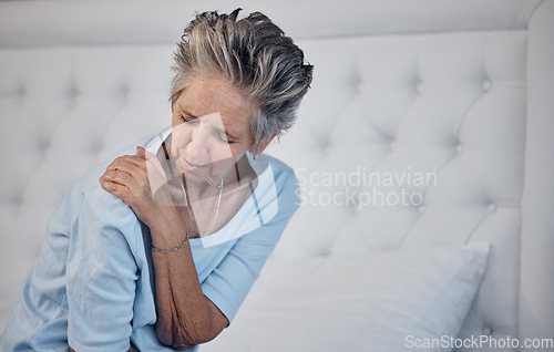 Image of Shoulder pain, elderly woman and health with injury and old age, medical emergency with sick person and wellness. Inflammation, muscle tension and mockup, arthritis or fibromyalgia with healthcare