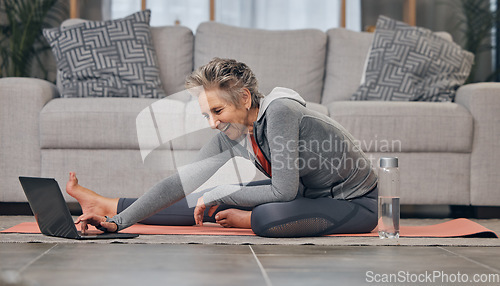 Image of Old woman in lounge, yoga and laptop for online class, retirement and exercise for fitness, wellness and healthy lifestyle. Mature female, senior lady and device for meditation webinar in living room