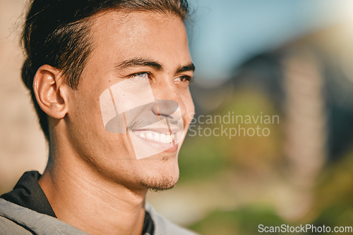 Image of Happy man, face and smile for fitness, break or ready for routine exercise or workout in nature. Sporty male smiling in calm, peace or healthy exercising for cardio, day or running in the outdoors