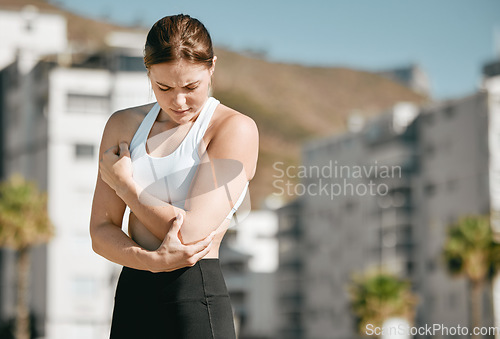 Image of Injury, fitness and woman with arm pain after running, broken bone and sprain after exercise in city. Accident, sports and athlete runner with a body accident, muscle strain and injured with mockup