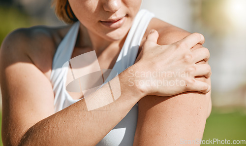 Image of Closeup, exercise and woman with shoulder pain, outdoor and inflammation after training, workout and tension. Female, lady and athlete with muscle strain, ache and injury after practice and running