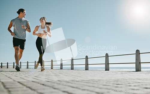 Image of Couple, fitness and running by beach on mockup for exercise, workout or cardio routine together. Happy man and woman runner taking a walk or jog for healthy wellness or exercising in Cape Town