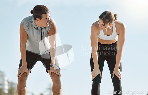 Image of Tired couple, fitness and exercise on blue sky mockup space for health and wellness outdoor. Man and woman in nature for workout, breath and healthy lifestyle for body fatigue, support and motivation