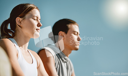 Image of Fitness, exercise and meditation couple on blue sky mockup space for health and wellness outdoor. Man and woman in nature for workout, mental health and healthy lifestyle for body and mind in summer