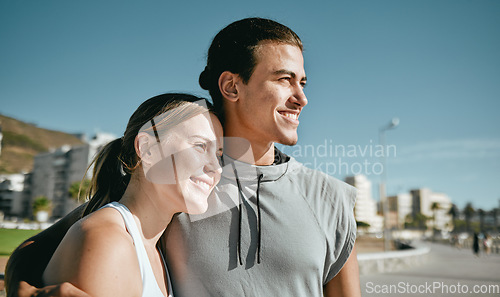 Image of Couple, hug and fitness while happy outdoor with love, care and support in city park in Miami. Man and woman thinking about workout, mental health and healthy lifestyle for body and mind with partner