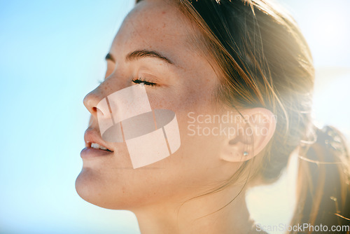 Image of Face, breath and sweat with an exercise woman outdoor in nature for a cardio or endurance workout. Fitness, breathing or sweating and an attractive young female athlete standing with her eyes closed