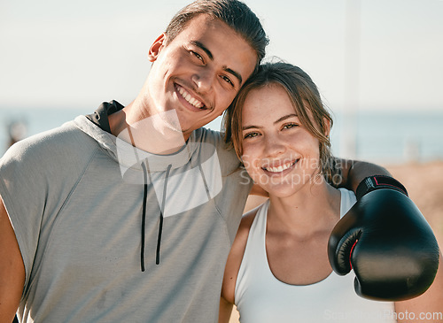 Image of Couple, fitness and exercise portrait for boxing, training and happy about partner outdoor. Face of woman and man personal trainer hug at park for sport workout or mma training for motivation smile