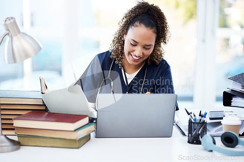 Image of Woman, laptop or medical student books for research, education studying or college learning in university hospital. Smile, happy or healthcare nurse with technology in scholarship medicine internship