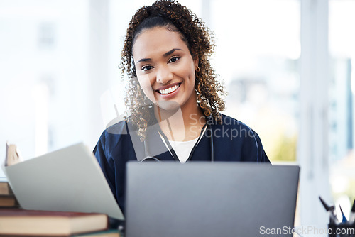 Image of Nurse, laptop or medical student portrait with research books, education studying or learning in university hospital. Smile, happy or healthcare woman on technology in scholarship medicine internship