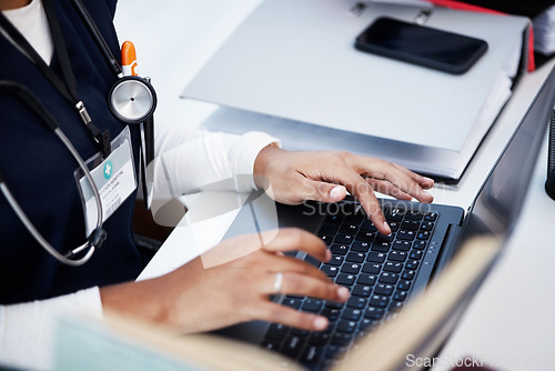 Image of Medical student, woman or typing hands on laptop research, education degree studying or university hospital learning. Zoom, fingers or healthcare nurse on technology keyboard in scholarship medicine