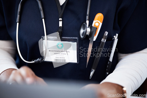 Image of Doctor, stethoscope or ID card in hospital identification, name or icu pass for clinic learning or laptop education. Zoom, woman or healthcare nurse and medical thermometer or student internship tag