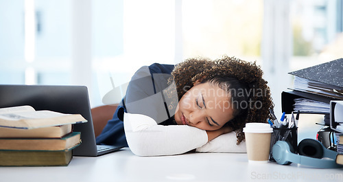 Image of Woman, laptop or sleeping medical student in stress, research books burnout or hospital learning fatigue. Tired, exhausted or asleep healthcare nurse by technology in scholarship medicine internship