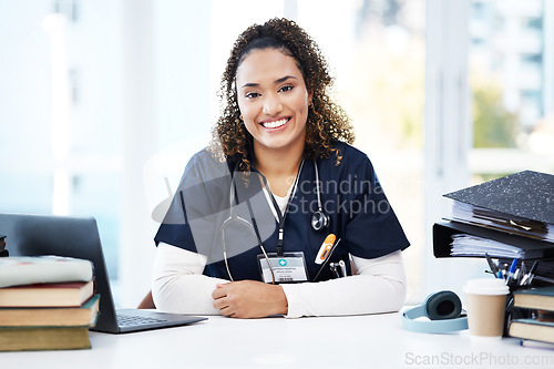 Image of Nurse, portrait or laptop with medical student books, research education studying or hospital learning university. Smile, happy or healthcare woman with technology in scholarship medicine internship