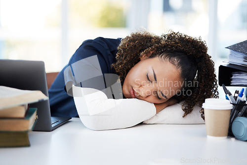 Image of Woman, technology or sleeping medical student in tired, research books burnout or hospital learning fatigue. Stress, exhausted or asleep healthcare nurse by laptop in scholarship medicine internship