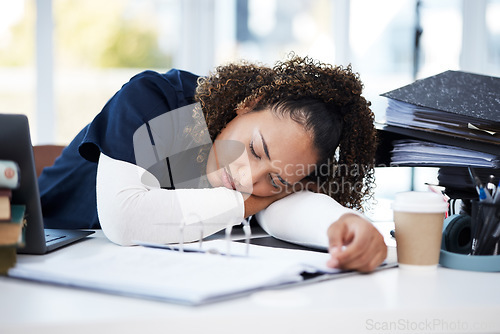 Image of Woman, laptop or sleeping medical student in tired, research books burnout or hospital learning fatigue. Stress, exhausted or asleep healthcare nurse by technology in scholarship medicine internship