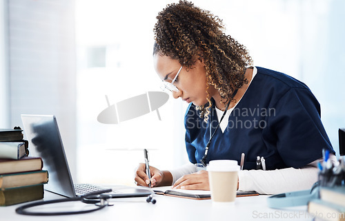 Image of Medical student, thinking or writing books in hospital research, wellness studying or education learning. Laptop, nurse or healthcare woman and notebook, technology or scholarship medicine internship