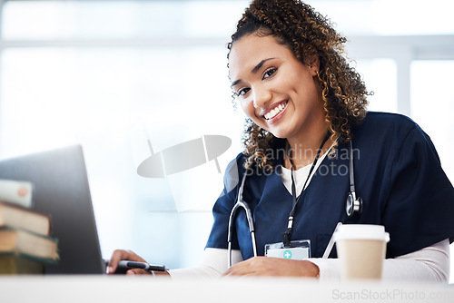Image of Woman, laptop or medical student portrait with research books, education studying or learning in university hospital. Smile, happy or healthcare nurse on technology in scholarship medicine internship